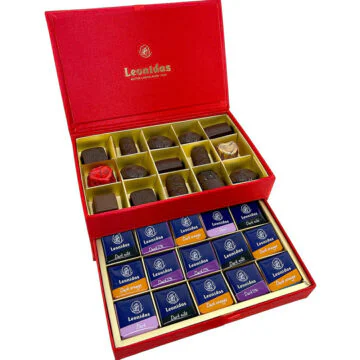 Red 2 layered box filled with dark chocolates