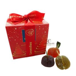 leonidas fruit jellies in front of a red festive gift cube