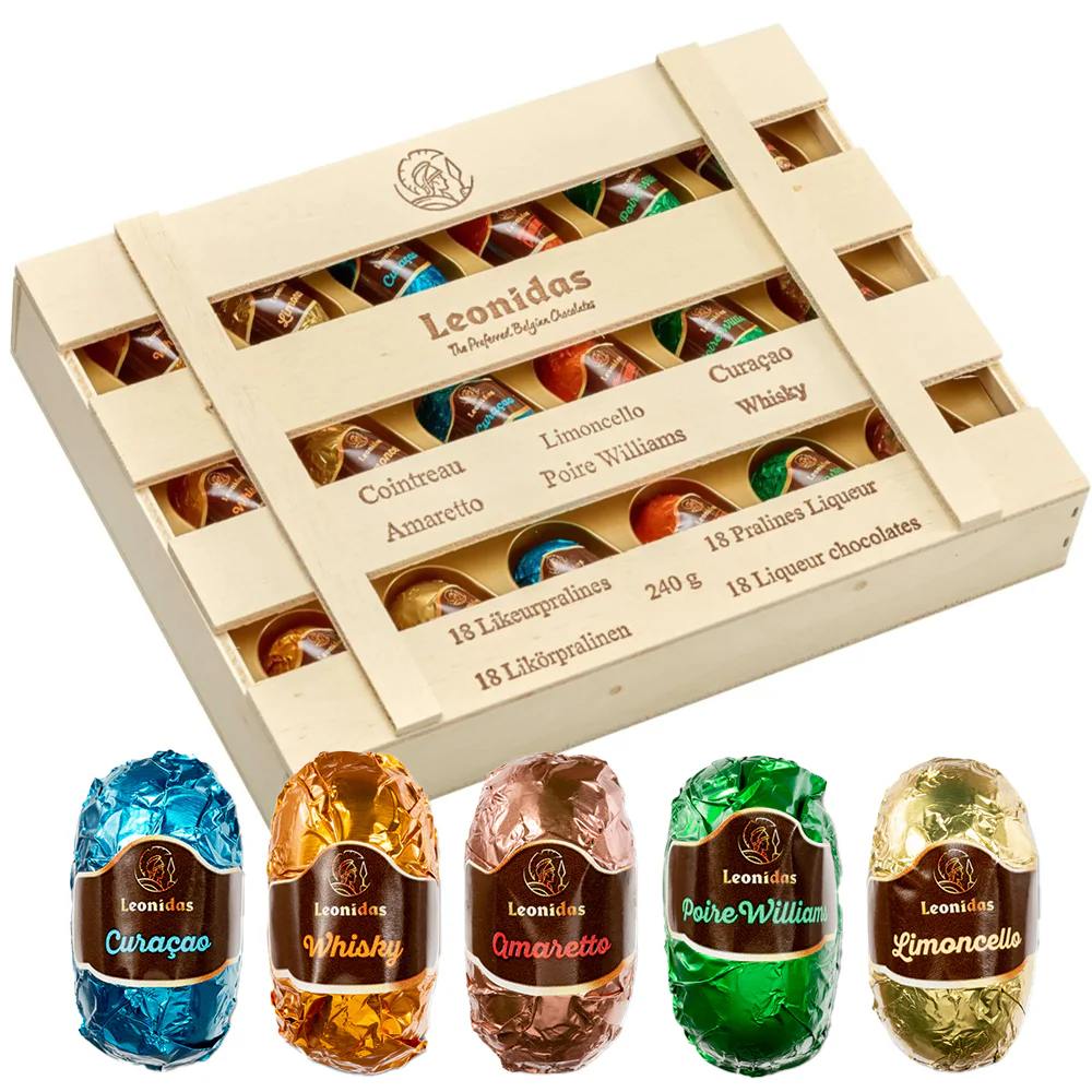 18 Leonidas Dark Chocolate Liqueurs – Luxury Wooden Crate Gift Box