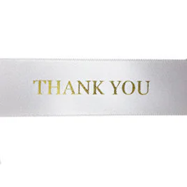 white ribbon with gold Thank you text