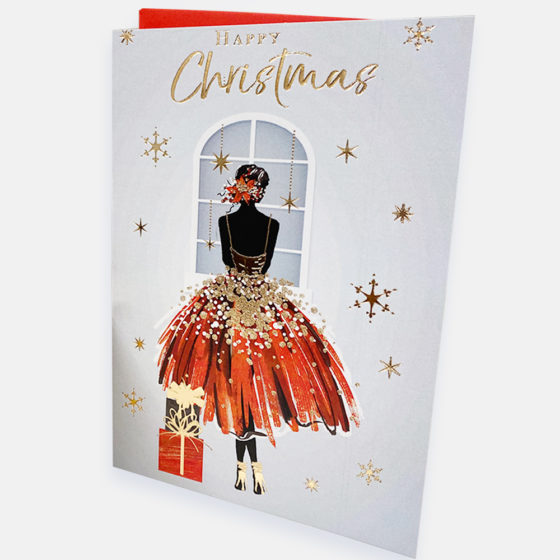 Christmas Card with girl in golden and red dress