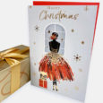 Christmas Card with girl in golden and red dress