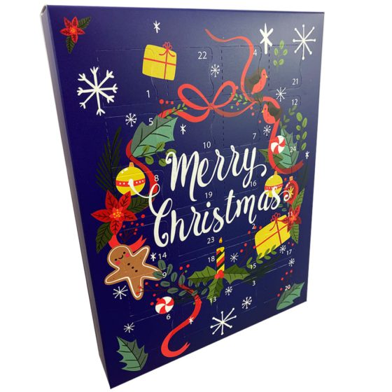 Blue Advent calendar with Merry Christmas and wreath