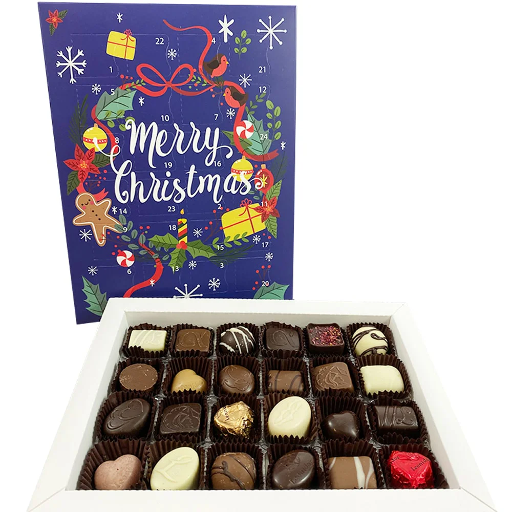 Blue Advent calendar with Merry Christmas and wreath filled with leonidas chocolates