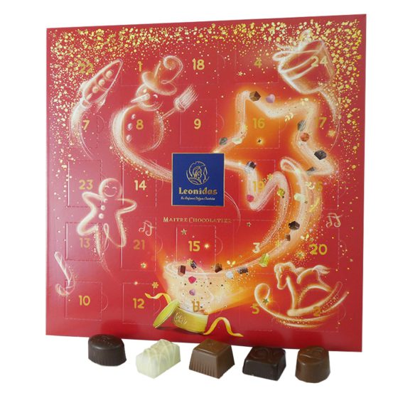 Red Leonidas Advent calendar with chocolates in front