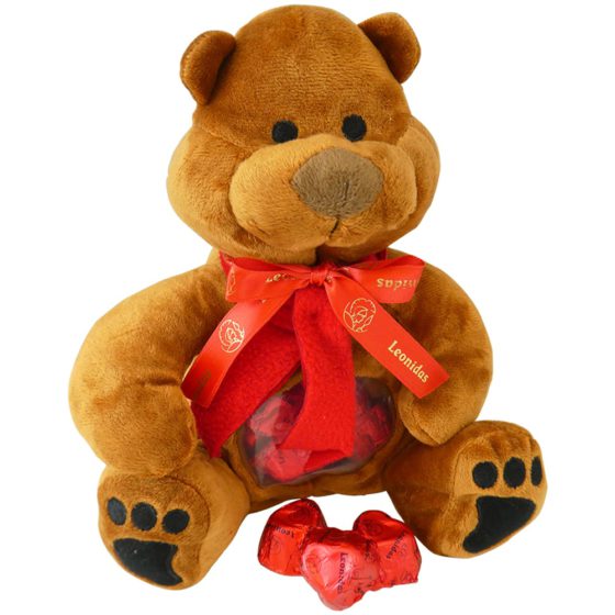 Teddy Bear with 7 Red Praline Hearts