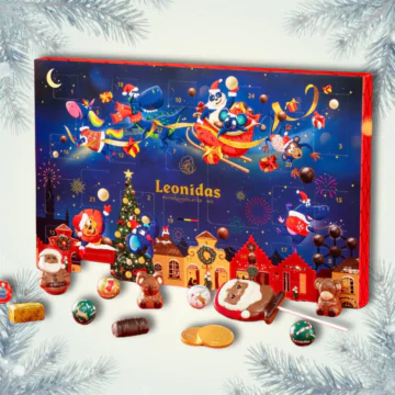 Leonidas advent calendar with characters printed onto it, a festive themed white background