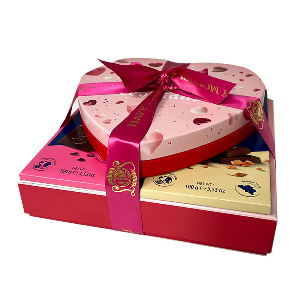 A Pink Gift Box, Tin Heart And Two Bars Of Chocolate
