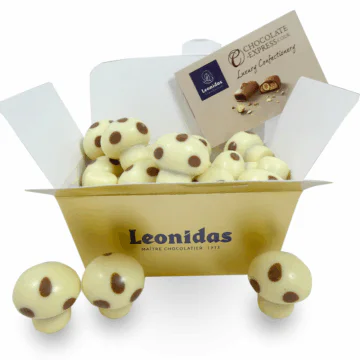 leonidas ballotin filled with white mushroom shaped chocolates