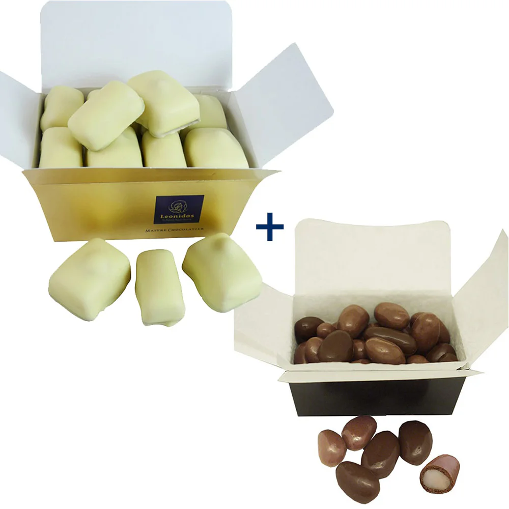 28 Leonidas White Manon Cafe AND Large Belgian Milk Chocolate Brazil Nuts