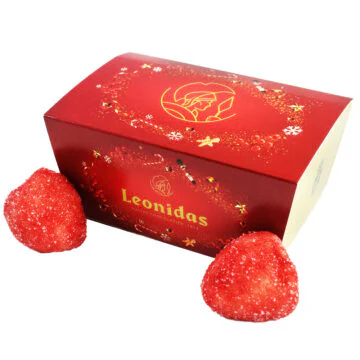 red christmas box with leonidas strawberry marzipans