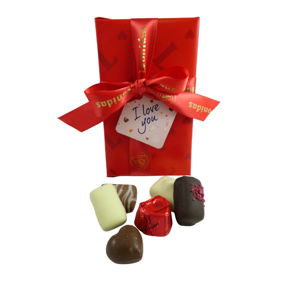 Red valentine ballotin with Ribbon and I Love You Tag