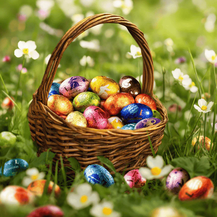 A wicker basket of colourful Leonidas mini-eggs in a grassy field.