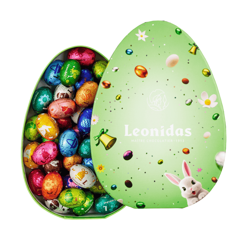 A Green Easter Egg Shaped Leonidas box filled with colourful foil wrapped mini eggs