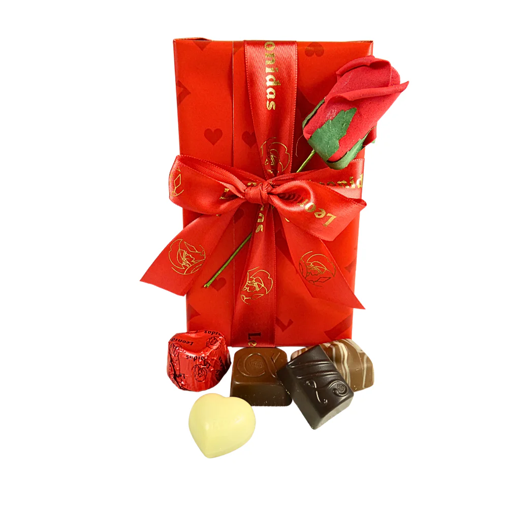 Red Valentines box of chocolates with Decorative artificial Red Rose