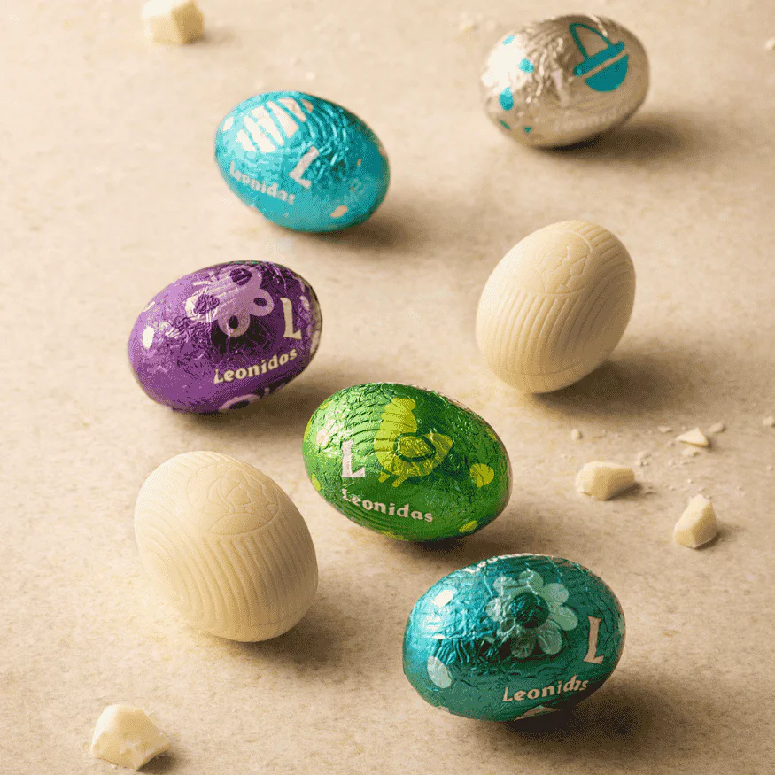 unwrapped and wrapped leonidas white chocolate mini eggs