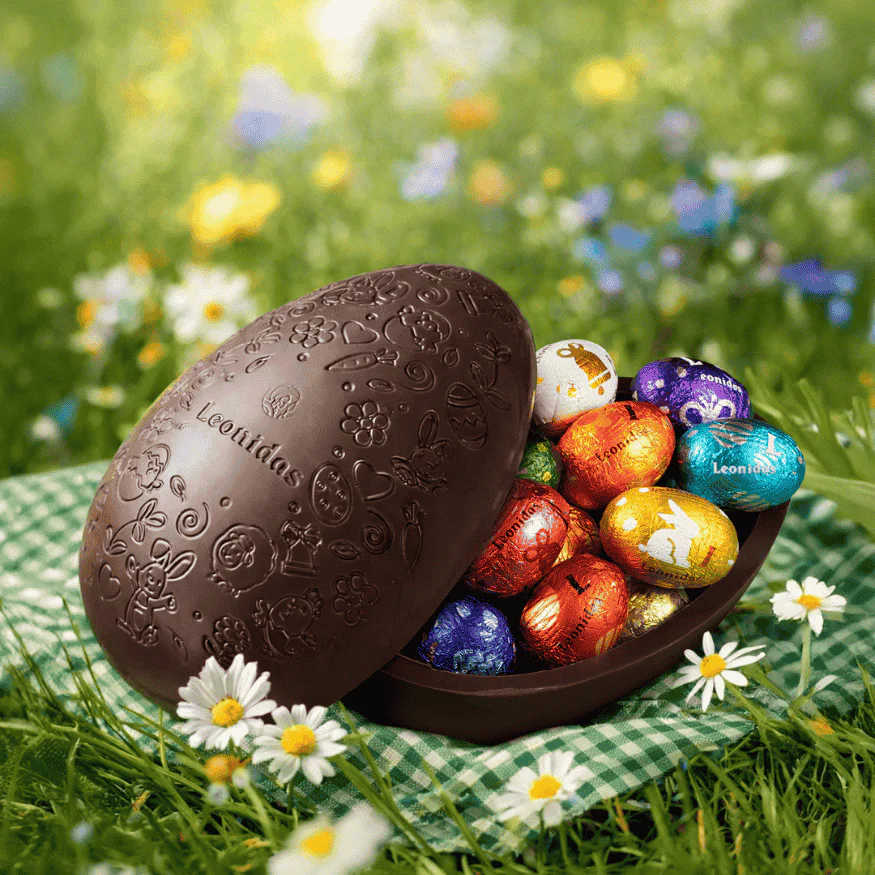 dark chocolate egg filled with colourful mini eggs in a meadow