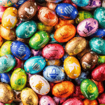 a close up of a mix of colourful foil wrapped leonidas mini eggs