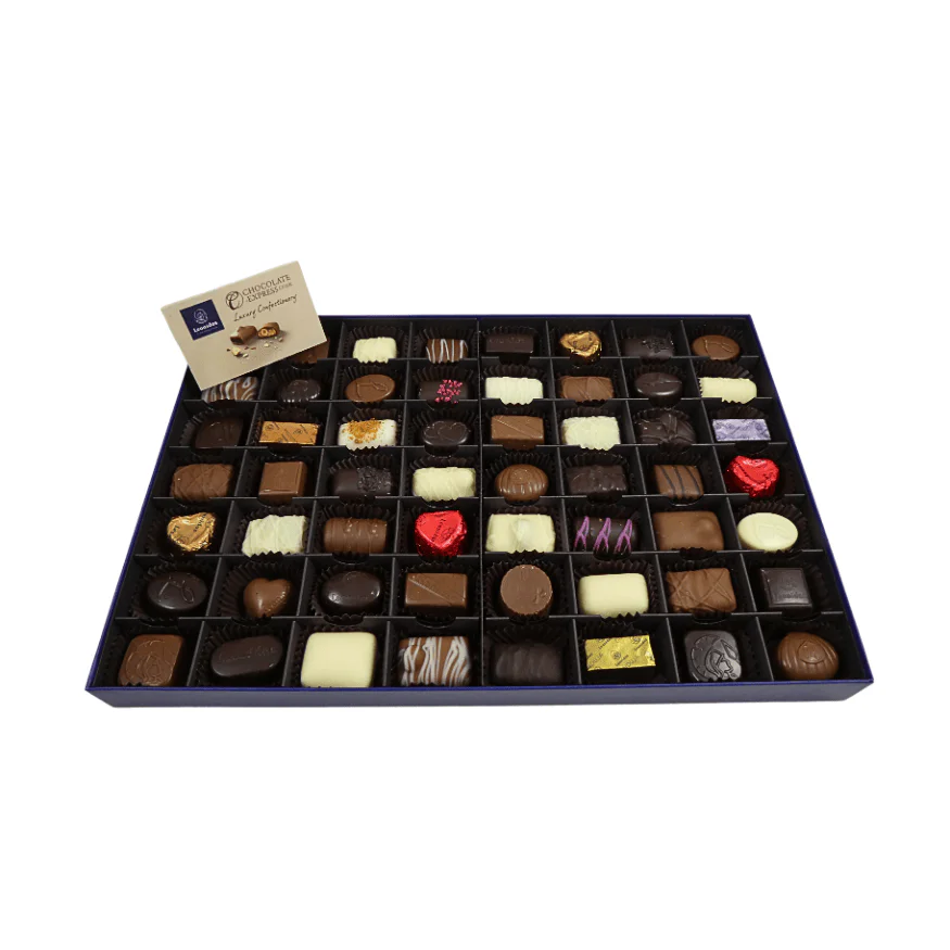 A picture showing a large tray of chocolates that fits inside a heritage box.
