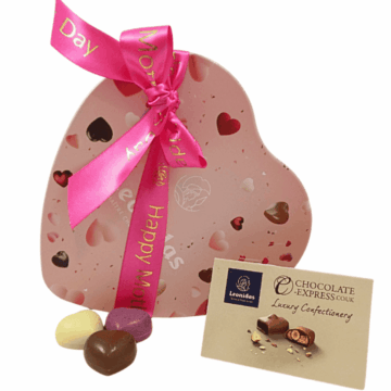 The pink Mother's Day heart with pink Mother's Day ribbon and chocolates in front.