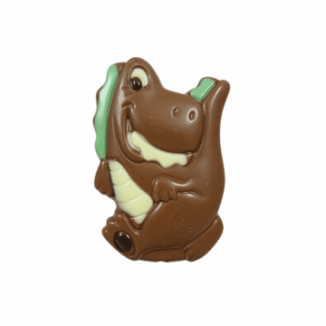 A Leonidas milk chocolate lolly in the shape of a dinosaur.