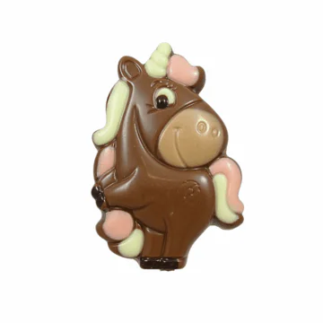 A milk chocolate with Leonidas and Ollie in the shape of a unicorn.