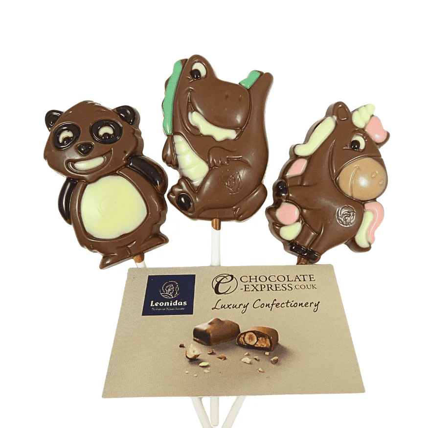 3 Leonidas milk chocolate lollies: - 1 panda - 1 dinosaur - 1 unicorn