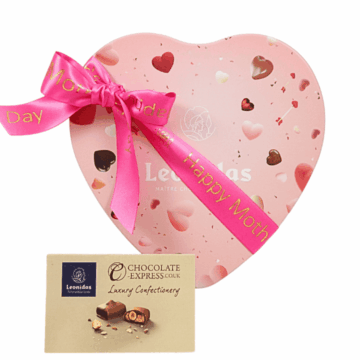 A pink Leonidas heart-shaped box with a pink Mother's Day ribbon.