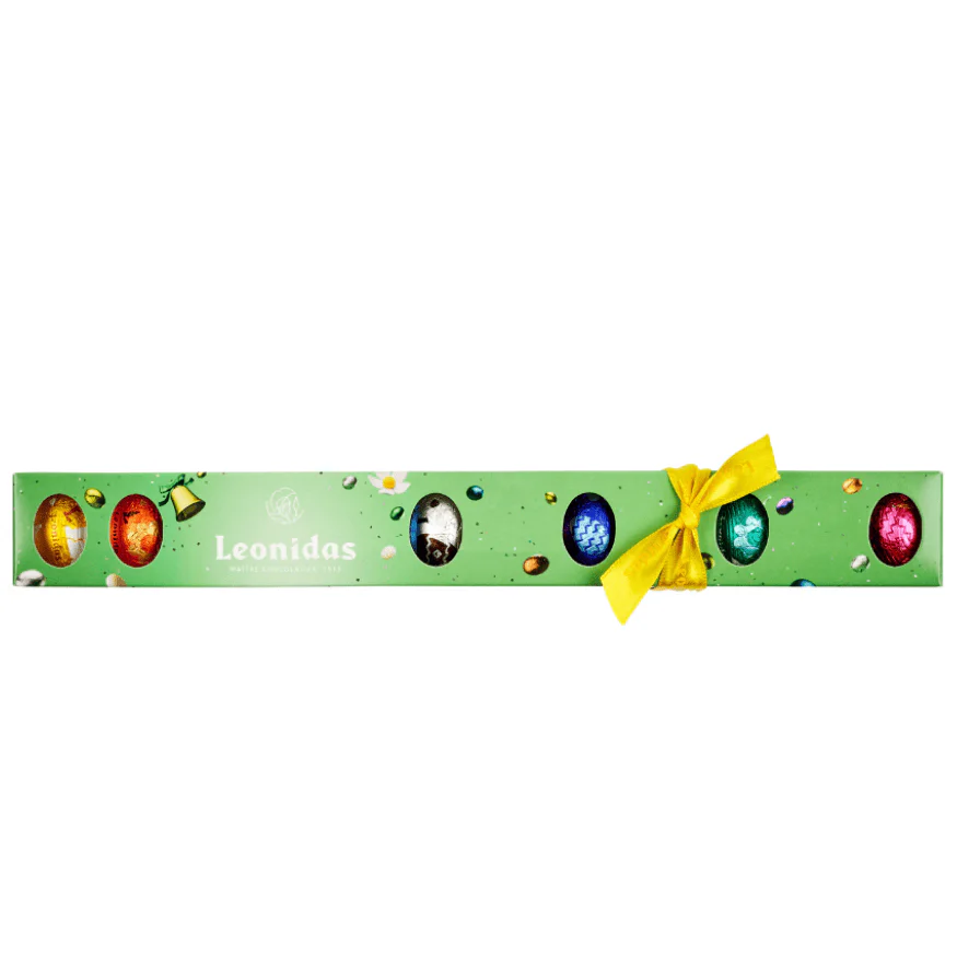 Green Leonidas Mini Egg Tube with Yellow Leonidas Ribbon