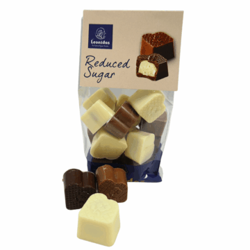 a clear bag filled with reduced sugar leonidas chocolates