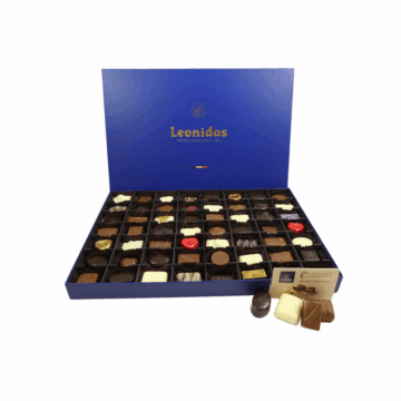 A large Leonidas premium box of chocolates in blue.