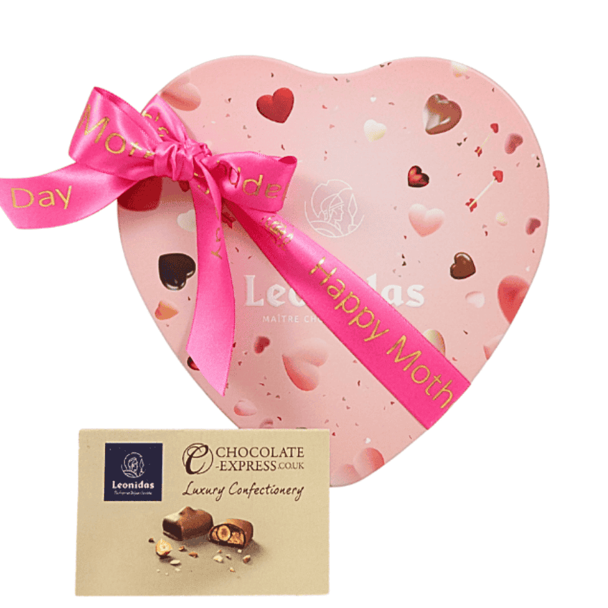 A pink Leonidas heart-shaped box with a pink Mother's Day ribbon.