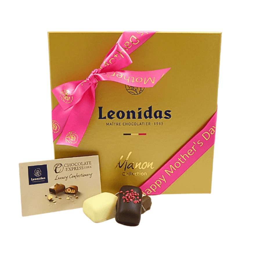 Gold Leonidas Manon Gift Box Wrapped with a Pink Mothers Day Ribbon