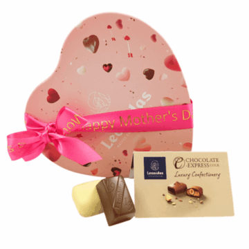 Pink Leonidas Heart Shaped Box wrapped in a Pink Mothers Day ribbon