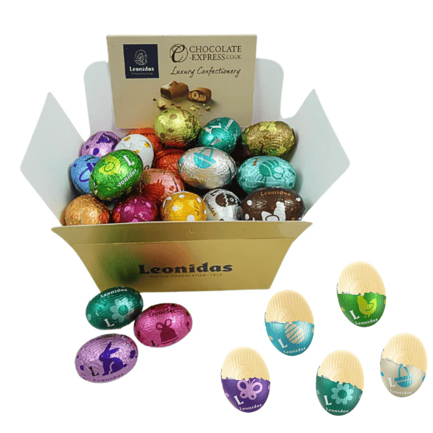 small gold leonidas box of white mini eggs wrapped in colourful foil