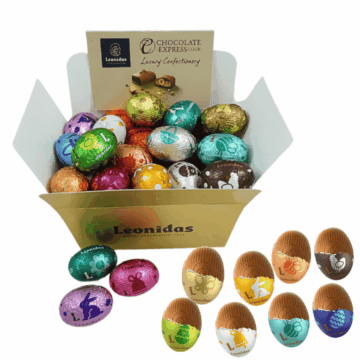 small gold box filled with colourful leonidas mini eggs