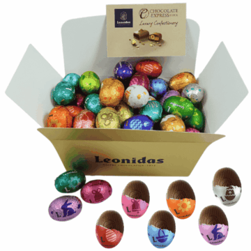 large gold box of leonidas dark chocolate mini eggs wrapped in colourful foil