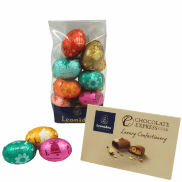 a clear leonidas bag filled with colourful foil wrapped mini eggs