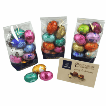 3 clear leonidas bags filled with colourful foil wrapped mini eggs