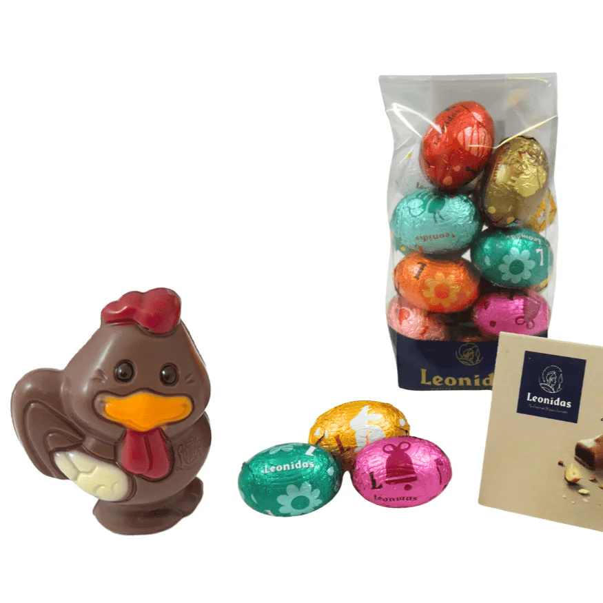 a bag of colourful foil wrapped chocolate mini eggs and a milk chocolate chicken in a shell
