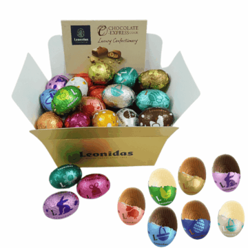 a gold leonidas box filled with assorted chocolate mini eggs wrapped in colourful foil