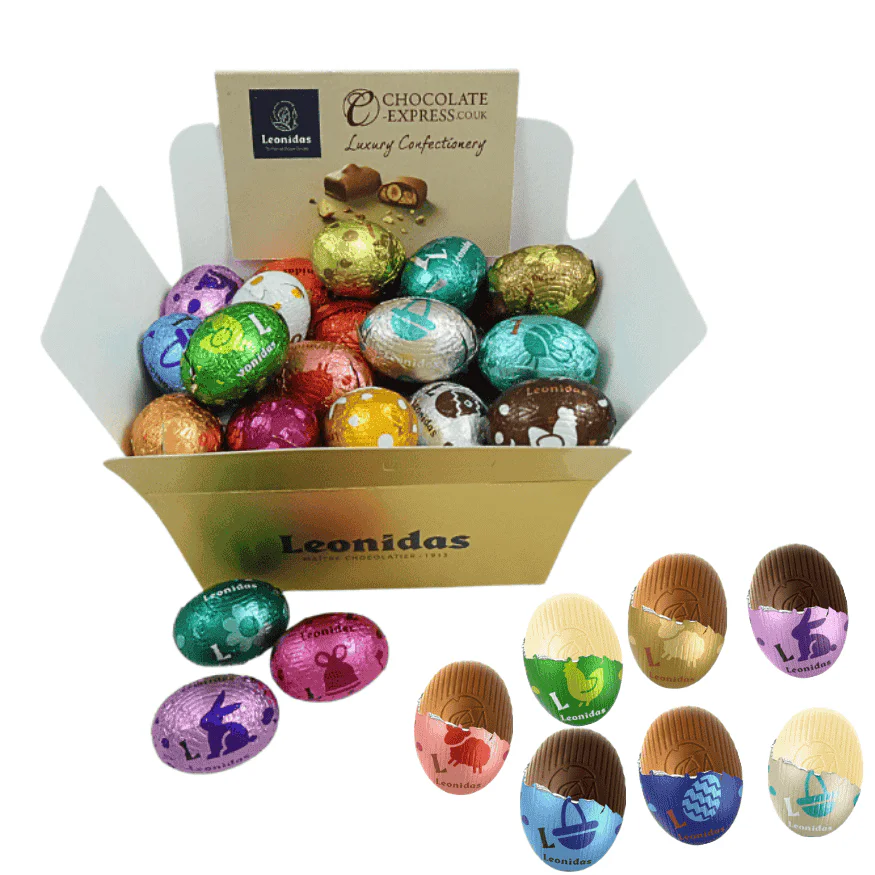 a gold leonidas box filled with assorted chocolate mini eggs wrapped in colourful foil
