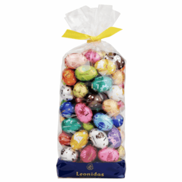 large clear leonidas bag filled with colourful leonidas foil wrapped min eggs