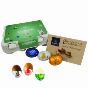 a closed carton of mini eggs filled with foil wrapped leonidas mini eggs