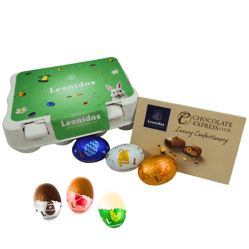 a closed carton of mini eggs filled with foil wrapped leonidas mini eggs