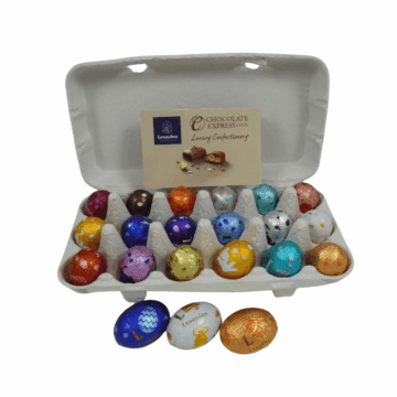 a carton of 18 leonidas foil wrapped mini eggs with an open lid