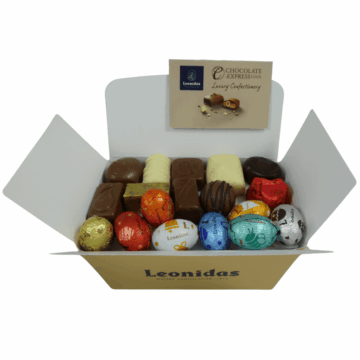 a large gold leonidas box filled with a mix of chocolates ad mini eggs
