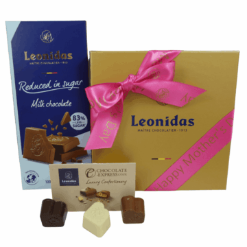 a gold leonidas gift box with a pink motrhers day ribbon and a 100g bar of reduced sugar chocolate