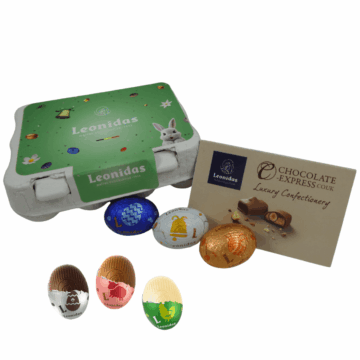 a closed carton of mini eggs filled with foil wrapped leonidas mini eggs