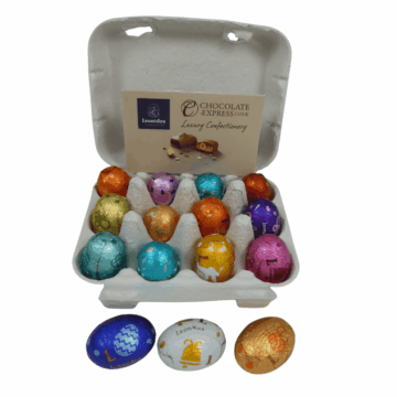 an open carton of mini eggs filled with foil wrapped leonidas mini eggs